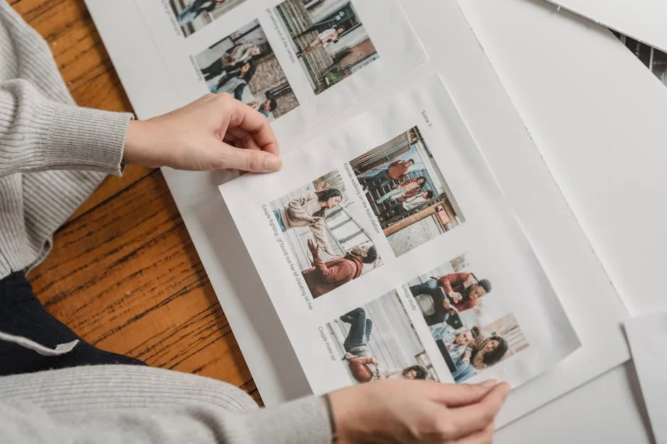 Нераспознаваемые руки оформляют фотоальбом, что хорошо подходит для практических материалов о систематизации семейных фото
